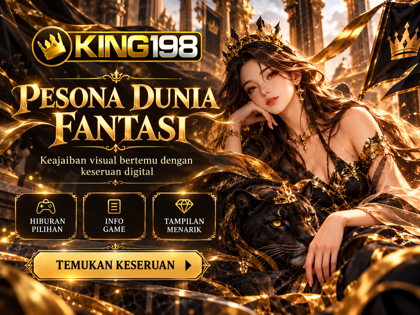 Banner KING198 mitologi fantasi dengan dewi orisinal, pilar marmer, dan cahaya emas mistis.
